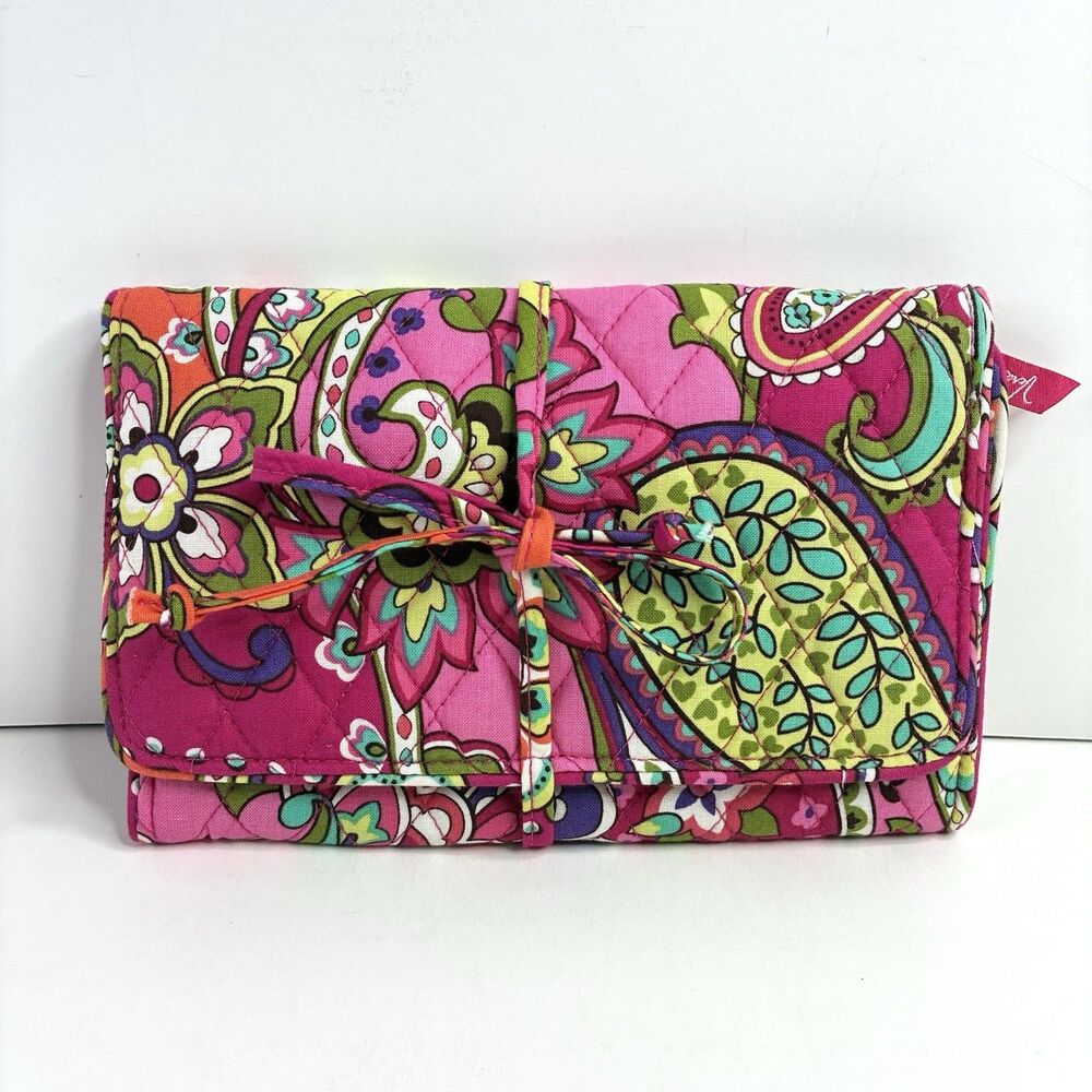 Vera Bradley Pink Swirls Trifold Wallet Clutch Tie Close MakeUp Bag Pink Paisley